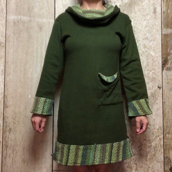 long sleeve green dress, warm knit, cowel neck - Picture 1 of 6